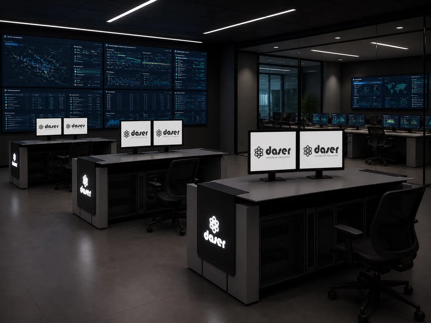 Sala de control con puestos de operador y pantallas de monitorización
