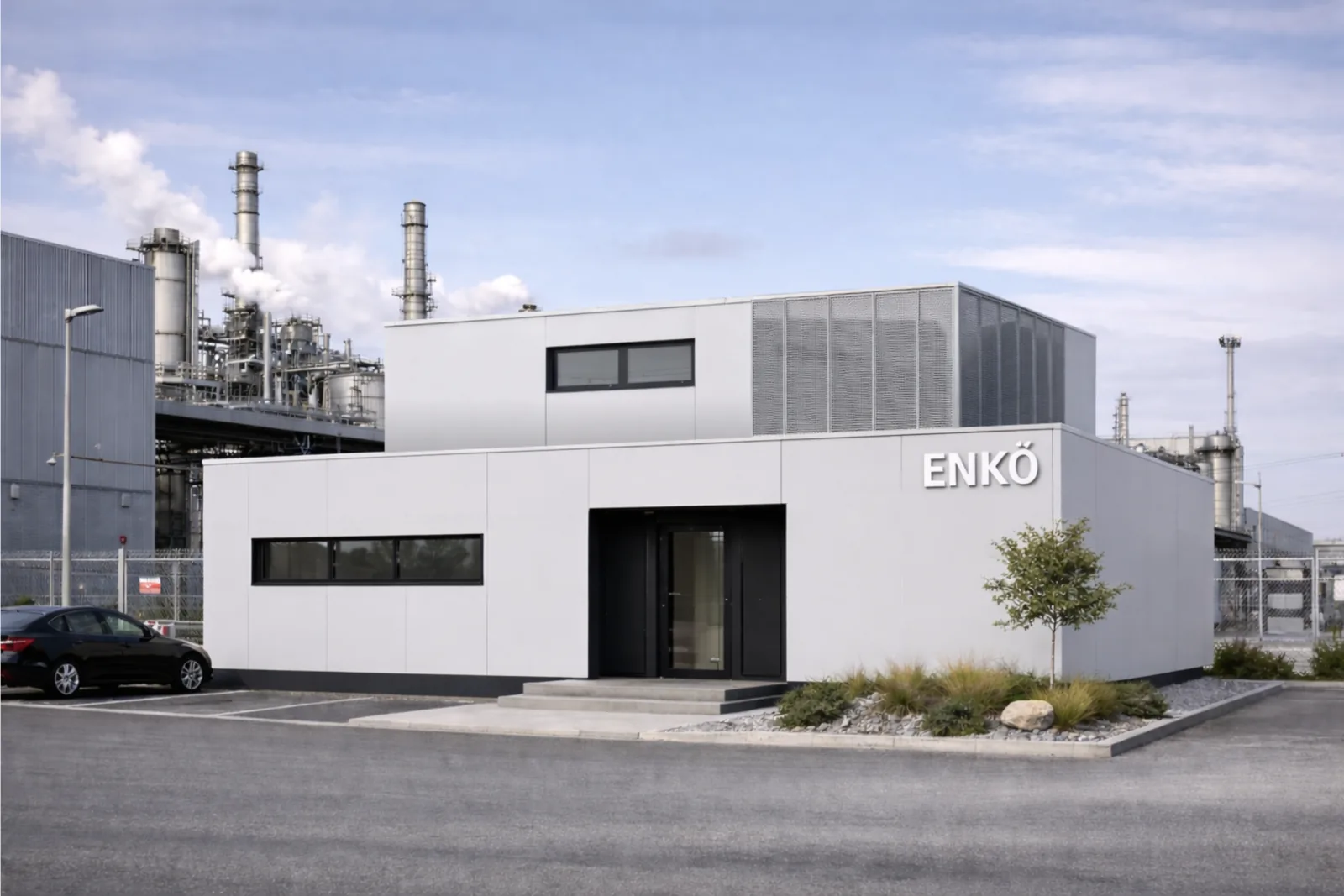 Módulo ENKÖ instalado en entorno industrial como espacio corporativo llave en mano